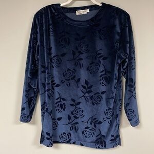 Women's' Velour pullover top/blouse , M, Navy on Navy floral print, Great Shape!